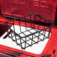 Zoomed inside of 20 quart Red and Black ICER cooler with integrated cutting board/divider and storage basket.