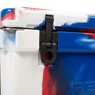 Easy-release latch on the 75 quart Red, White, and Blue RECTEQ ICER cooler.