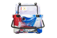 Front facing 20 quart Red, White, and Blue ICER cooler with handle down in front and lid open.