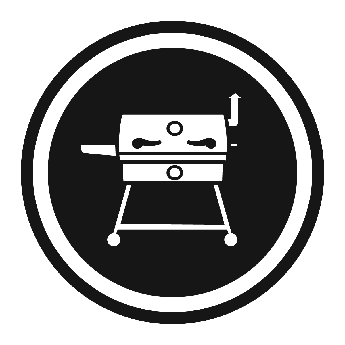 recteq wood pellet grills' high quality grills icon with grill in white on black background.