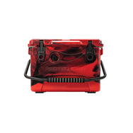 Front facing 20 quart Red and Black ICER cooler with handle down in front and lid closed.