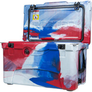 Front facing 45qt. Red, White, and Blue RECTEQ ICER cooler lid open.