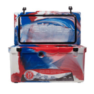 Front facing 75 quart Red, White, and Blue RECTEQ ICER cooler and lid opened.