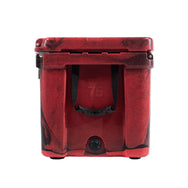 75qt Red and Black RECTEQ ICER showing the 1" wide removable nylon handles w/molded rubber grip & the Leak-proof rapid flow drain spout