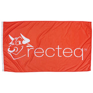 Red polyester competition flag with white screen printed logo centered. 
