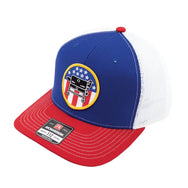 Front facing RICHARDSON Original Unisex Trucker Hat with the American-themed recteq emblem in red, white, and blue.