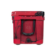 45qt Red and Black RECTEQ ICER showing the 1" wide removable nylon handles w/molded rubber grip & the Leak-proof rapid flow drain spout