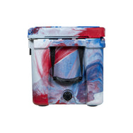 45qt Red, White, and Blue RECTEQ ICER showing the 1" wide removable nylon handles w/molded rubber grip & the Leak-proof rapid flow drain spout