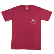 Front facing crunchberry red ComfortWash by Hanes t-shirt with white screen print recteq bull head on front pocket. 