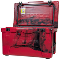 Front facing 45qt. Red and Black RECTEQ ICER cooler lid open.