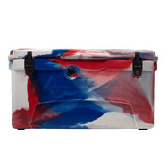 Front facing 75 quart Red, White, and Blue RECTEQ ICER cooler and lid closed.