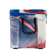 75qt Red, White, and Blue RECTEQ ICER showing the 1" wide removable nylon handles w/molded rubber grip