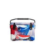 Front facing 20 quart Red, White, and Blue ICER cooler with handle up and lid closed.