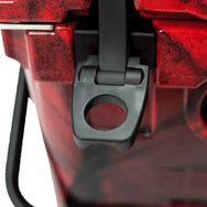 Easy-release latch on the 20 quart Red and Black ICER cooler.