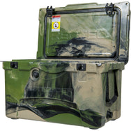 Front facing 45qt. Camouflage RECTEQ ICER cooler lid open.