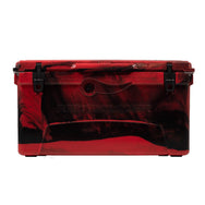 Front facing 75 quart Red and Black RECTEQ ICER cooler and lid closed.