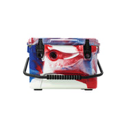 Front facing 20 quart Red, White, and Blue ICER cooler with handle down in front and lid closed.