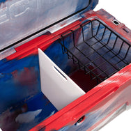 Inside of the 75 quart Red, White, and BlueRECTEQ ICER cooler with the cutting board/divider and hanging basket.