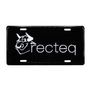 Black aluminum license plate with recteq logo centered and in white.